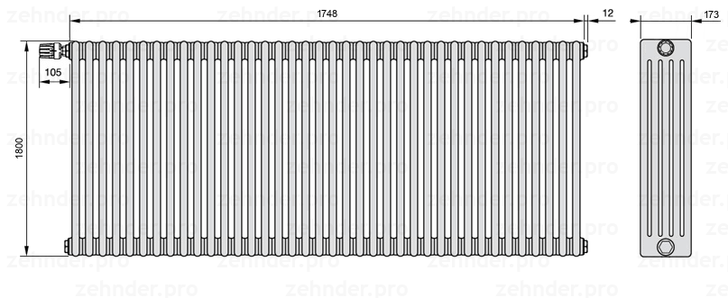 Схема (чертеж) Радиатор Zehnder Charleston 5180/38 №V011 Белый глянцевый RAL 9016